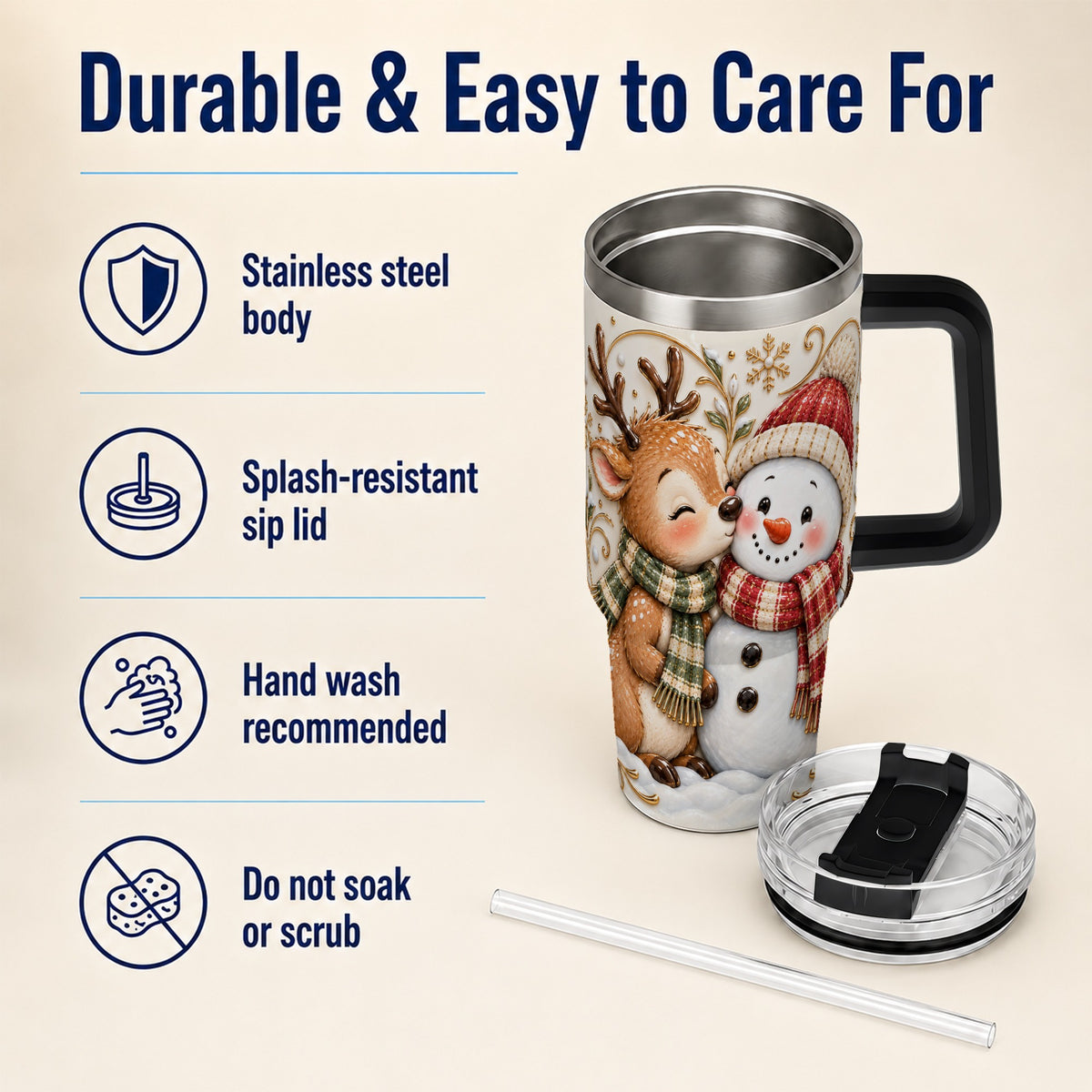 #pl[40oz|Black] Reindeer Snowman 40oz Tumbler with Handle, Cozy Winter Travel Cup