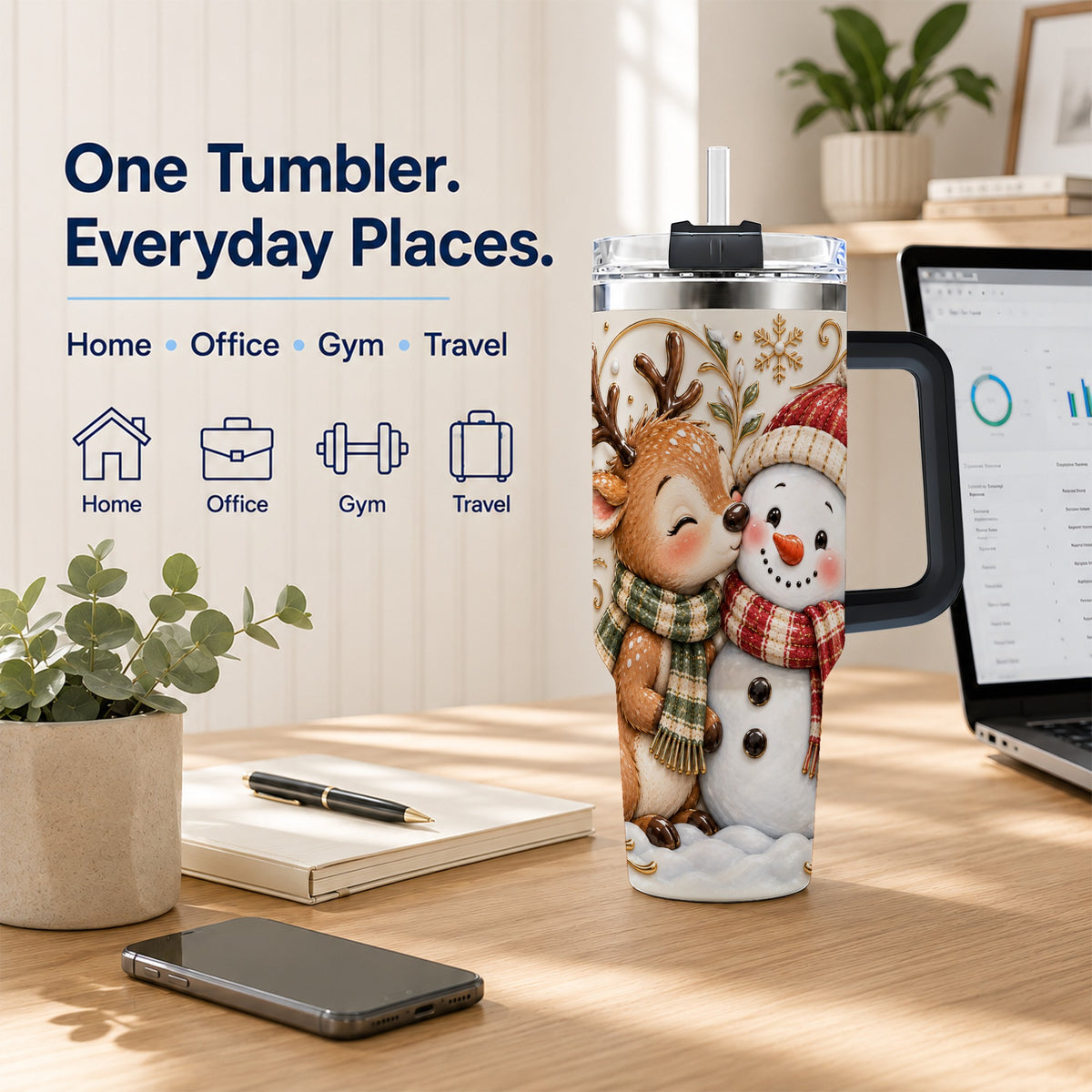 #pl[40oz|Black] Reindeer Snowman 40oz Tumbler with Handle, Cozy Winter Travel Cup