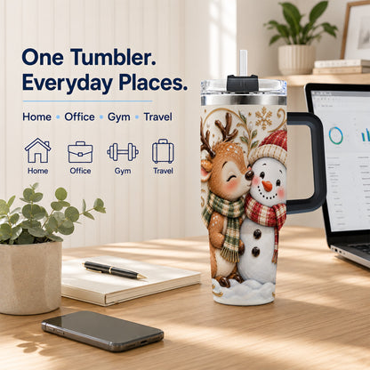 #pl[40oz|Black] Reindeer Snowman 40oz Tumbler with Handle, Cozy Winter Travel Cup