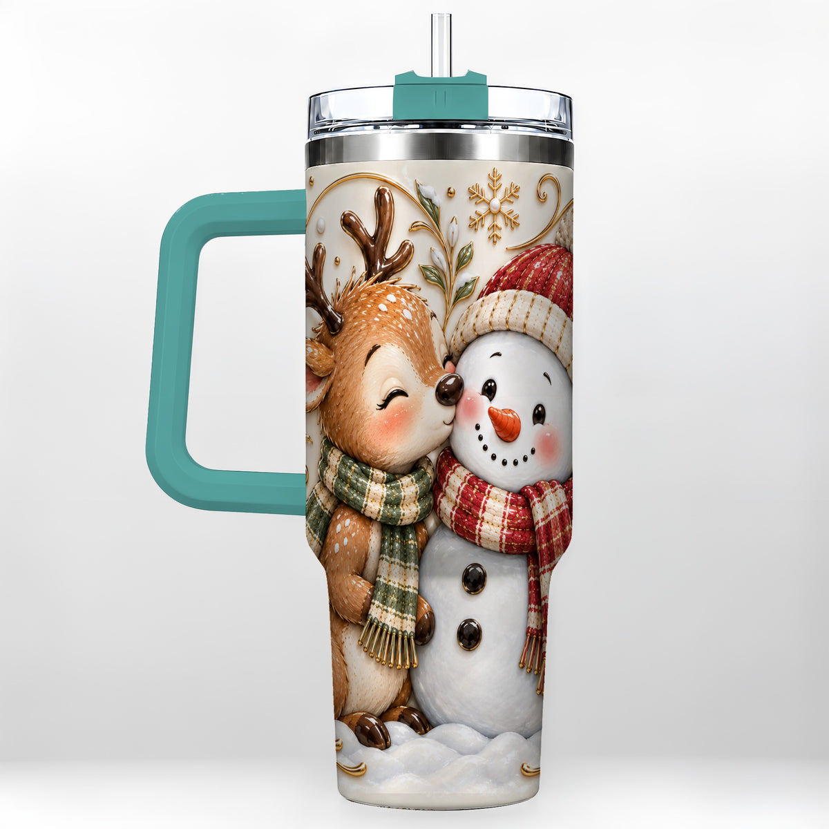 #pl[40oz|Green] Reindeer Snowman 40oz Tumbler with Handle, Cozy Winter Travel Cup