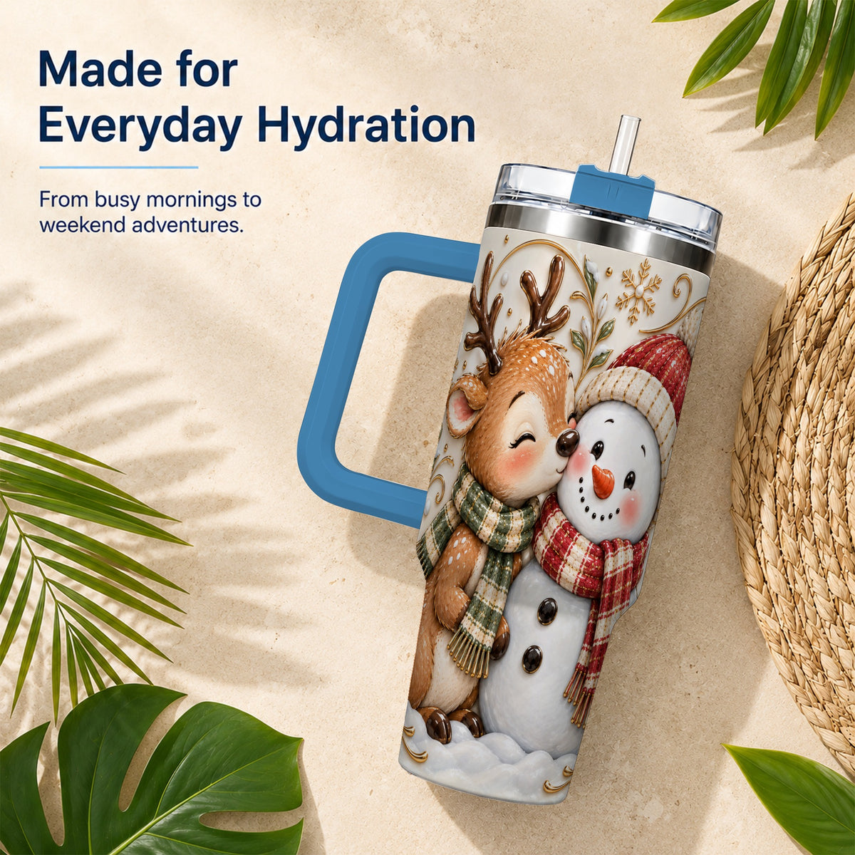 #pl[40oz|Blue] Reindeer Snowman 40oz Tumbler with Handle, Cozy Winter Travel Cup