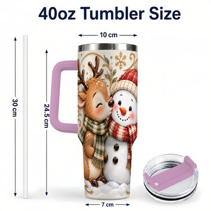 #pl[40oz|Pink] Reindeer Snowman 40oz Tumbler with Handle, Cozy Winter Travel Cup