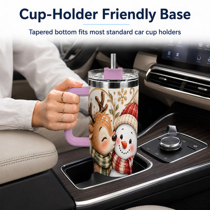 #pl[40oz|Pink] Reindeer Snowman 40oz Tumbler with Handle, Cozy Winter Travel Cup