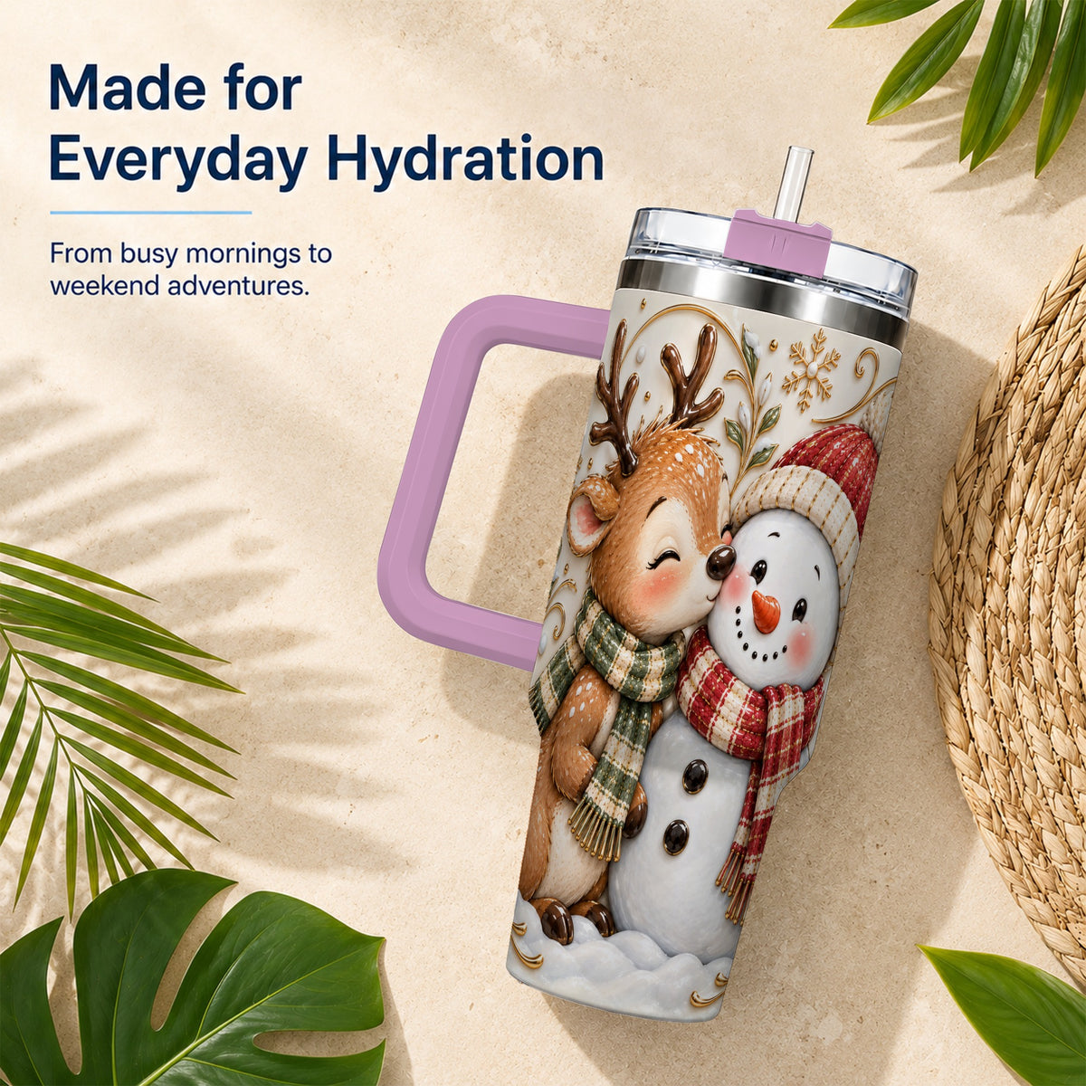#pl[40oz|Pink] Reindeer Snowman 40oz Tumbler with Handle, Cozy Winter Travel Cup