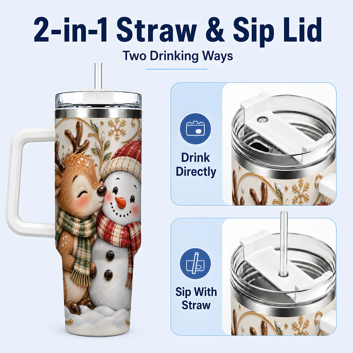 #pl[40oz|White] Reindeer Snowman 40oz Tumbler with Handle, Cozy Winter Travel Cup