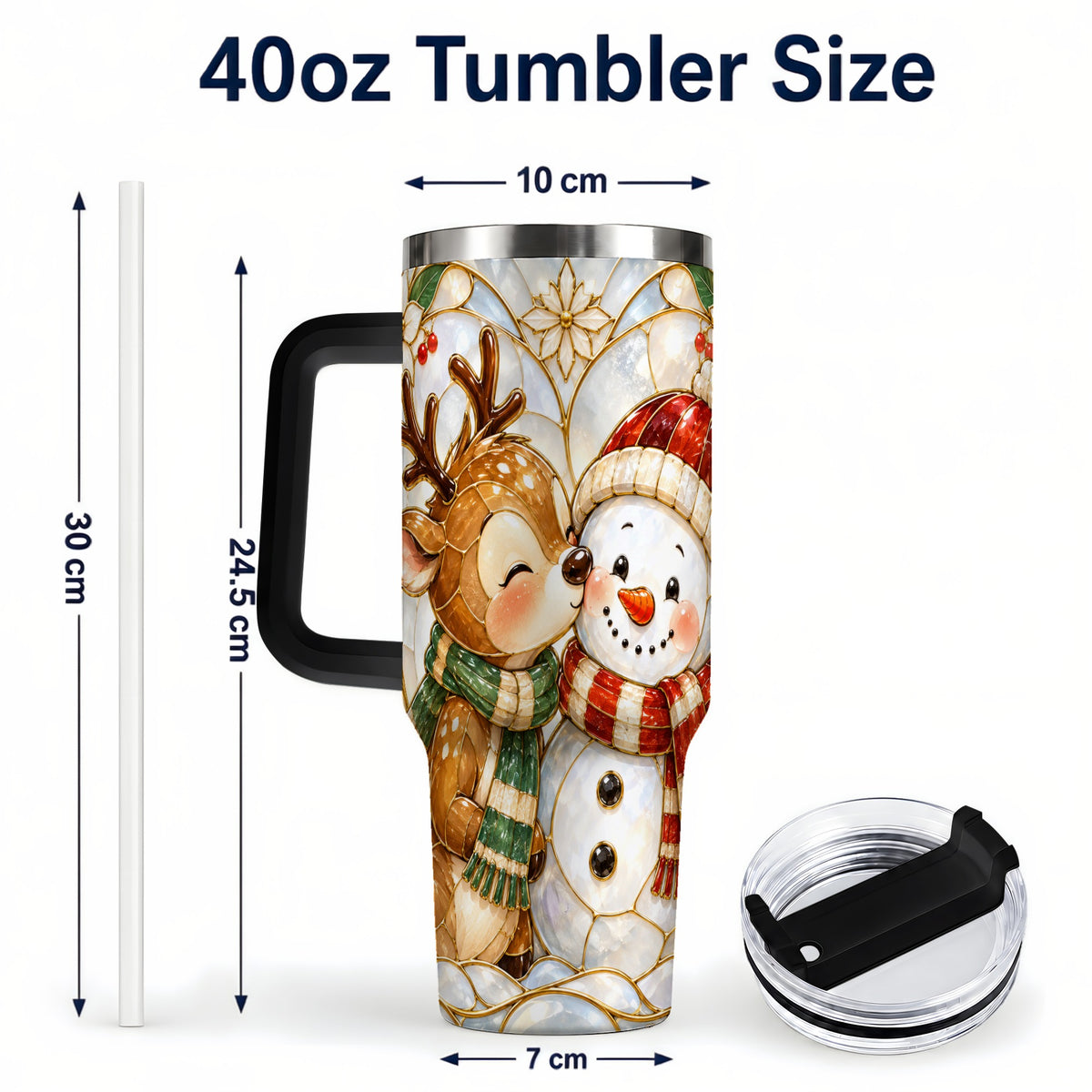 #pl[40oz|Black] Reindeer Snowman 40oz Tumbler with Handle, Stained Glass Style