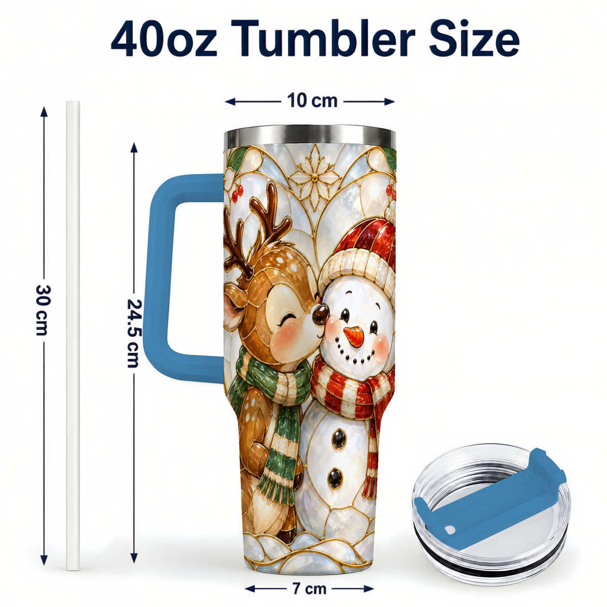 #pl[40oz|Blue] Reindeer Snowman 40oz Tumbler with Handle, Stained Glass Style