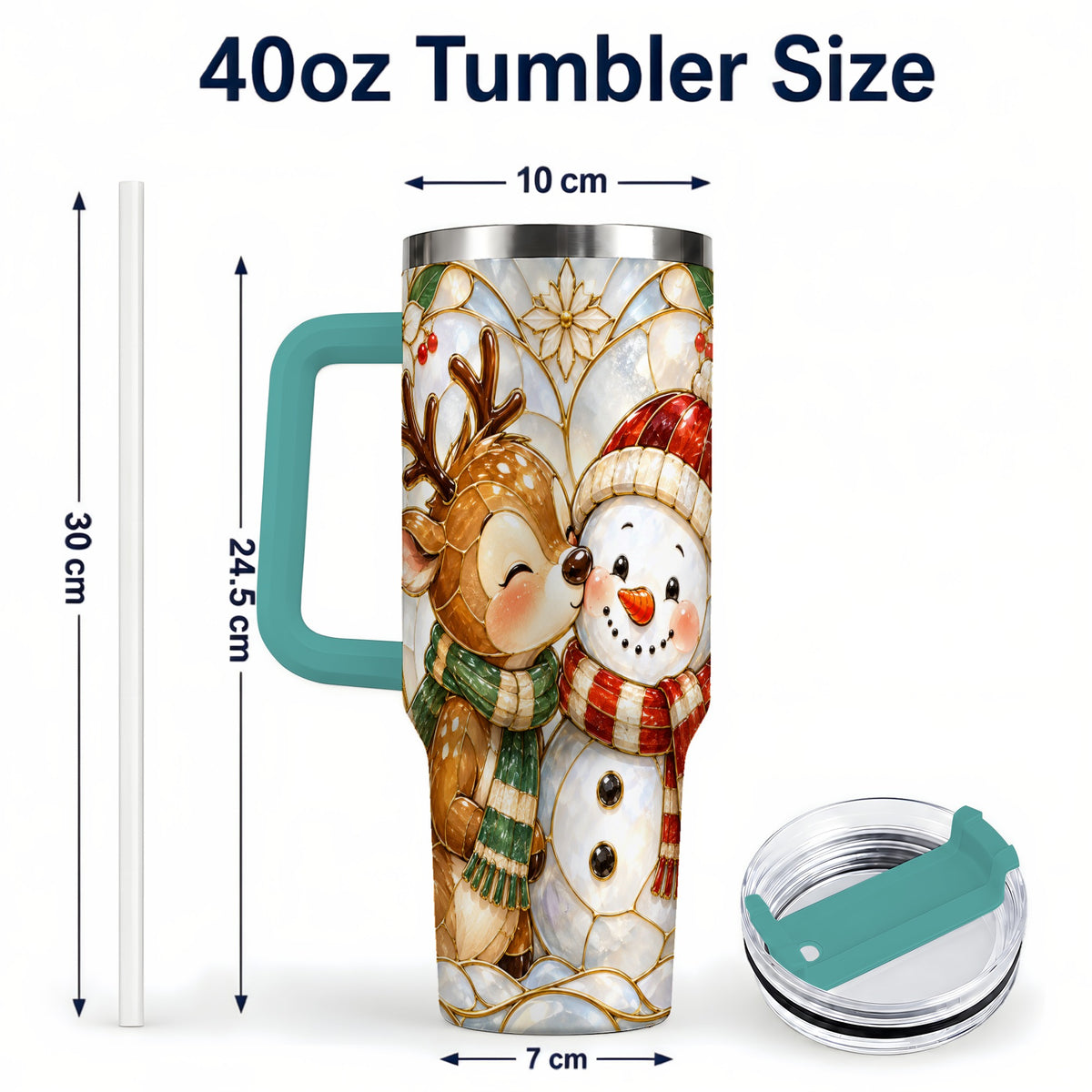 #pl[40oz|Green] Reindeer Snowman 40oz Tumbler with Handle, Stained Glass Style
