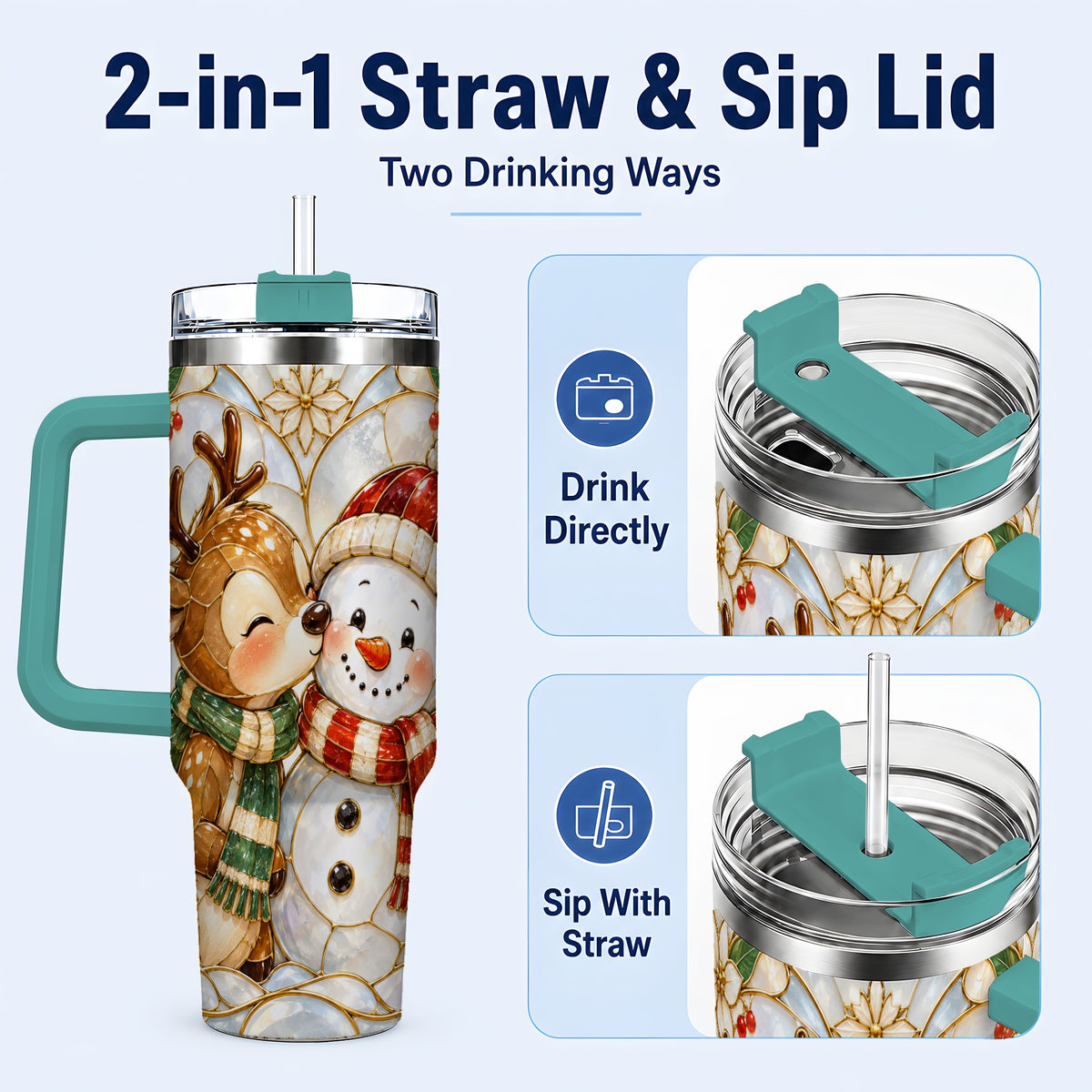 #pl[40oz|Green] Reindeer Snowman 40oz Tumbler with Handle, Stained Glass Style