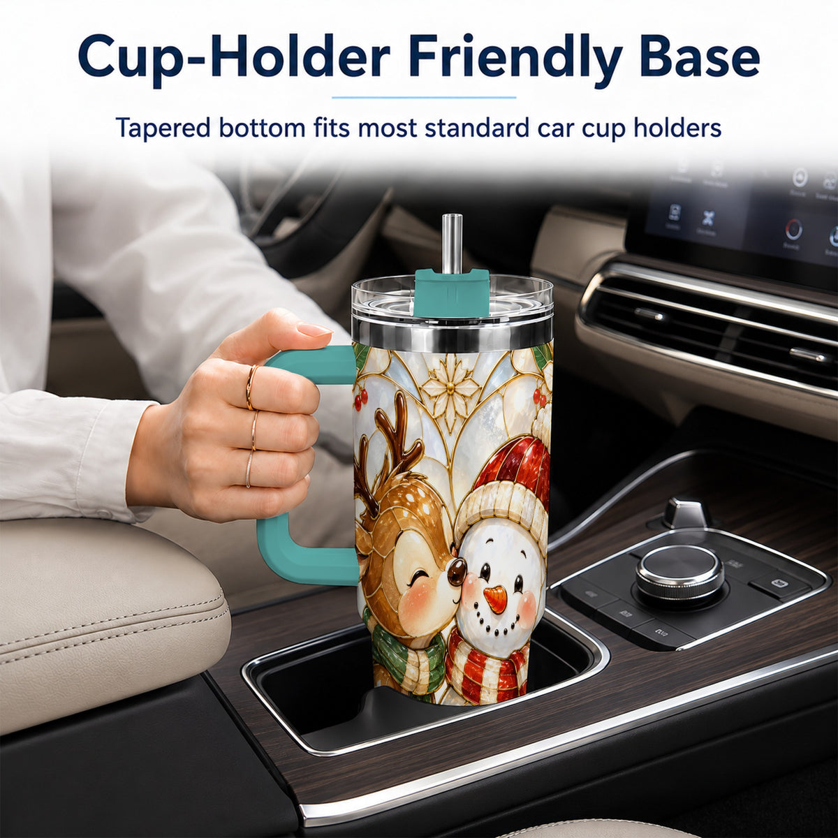 #pl[40oz|Green] Reindeer Snowman 40oz Tumbler with Handle, Stained Glass Style