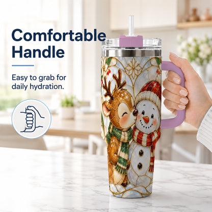 #pl[40oz|Pink] Reindeer Snowman 40oz Tumbler with Handle, Stained Glass Style