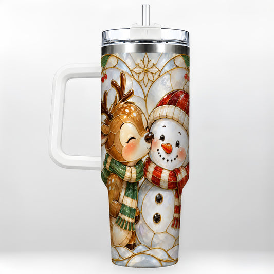 Reindeer Snowman 40oz Tumbler with Handle, Stained Glass Style