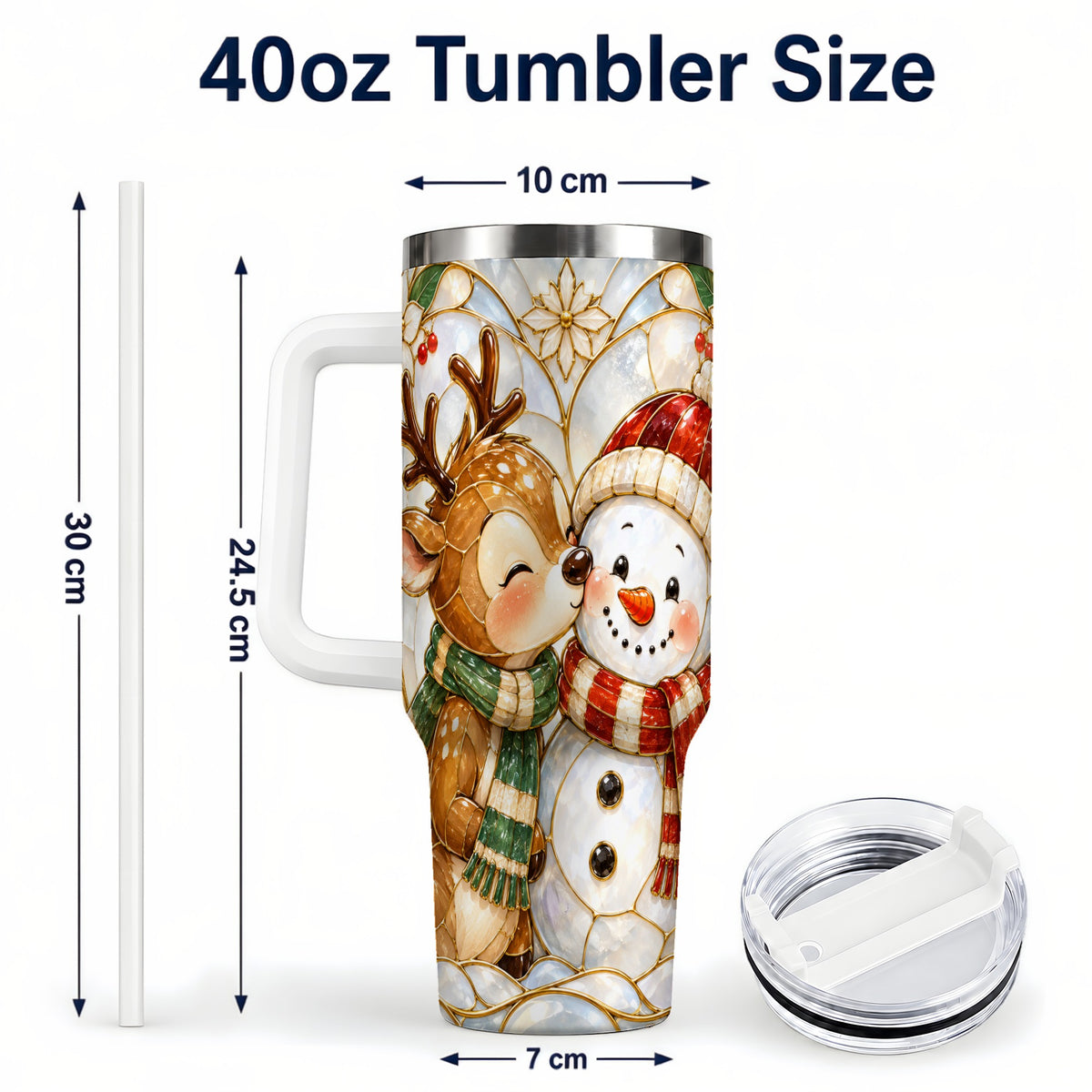 #pl[40oz|White] Reindeer Snowman 40oz Tumbler with Handle, Stained Glass Style