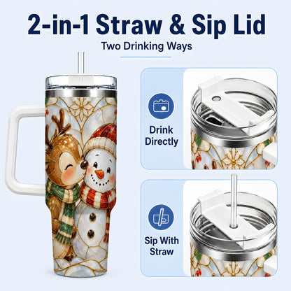 #pl[40oz|White] Reindeer Snowman 40oz Tumbler with Handle, Stained Glass Style
