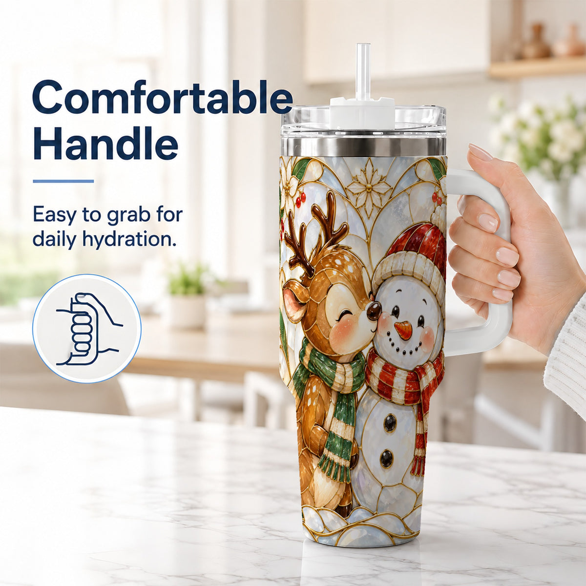 #pl[40oz|White] Reindeer Snowman 40oz Tumbler with Handle, Stained Glass Style
