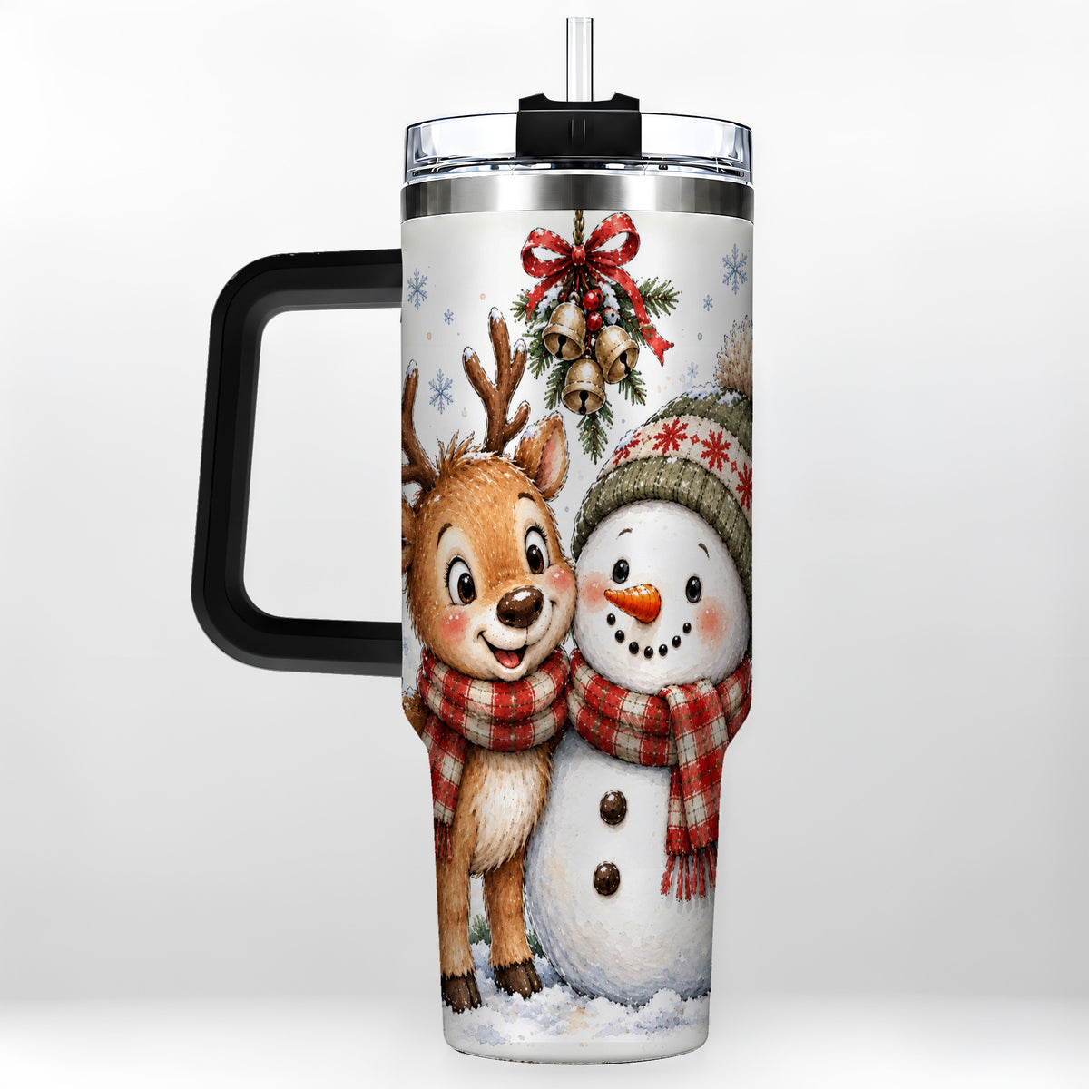 #pl[40oz|Black] Reindeer Snowman 40oz Tumbler with Handle, Plaid Winter Travel Cup