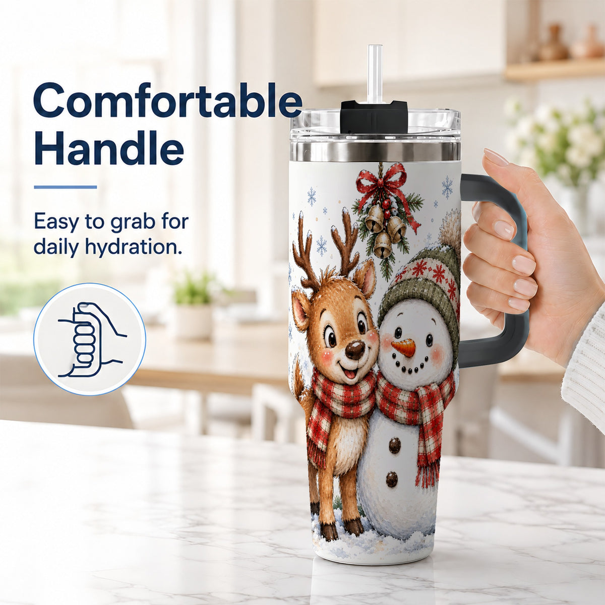 #pl[40oz|Black] Reindeer Snowman 40oz Tumbler with Handle, Plaid Winter Travel Cup