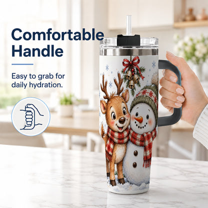 #pl[40oz|Black] Reindeer Snowman 40oz Tumbler with Handle, Plaid Winter Travel Cup