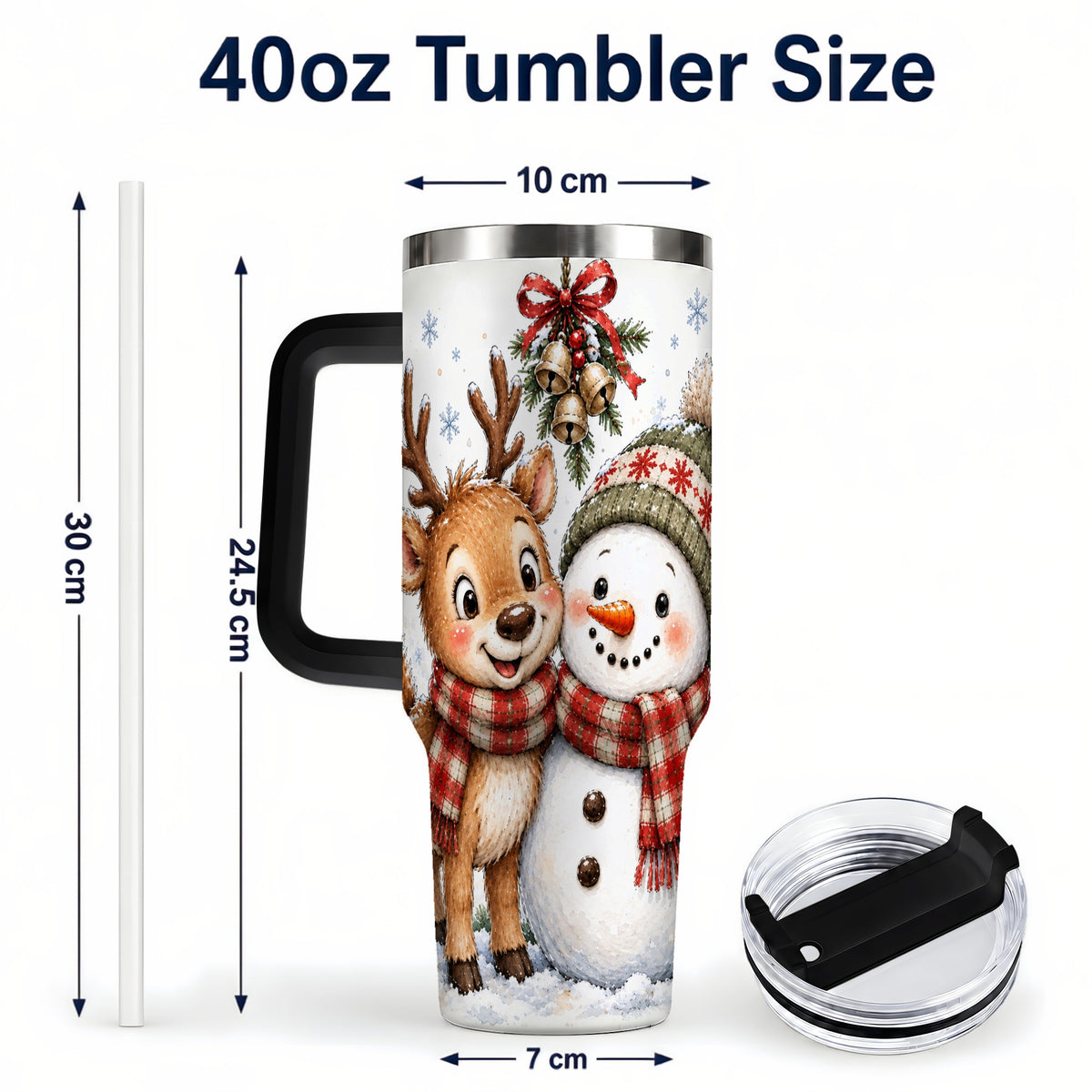 #pl[40oz|Black] Reindeer Snowman 40oz Tumbler with Handle, Plaid Winter Travel Cup
