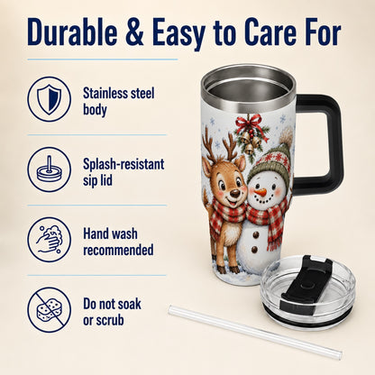 #pl[40oz|Black] Reindeer Snowman 40oz Tumbler with Handle, Plaid Winter Travel Cup