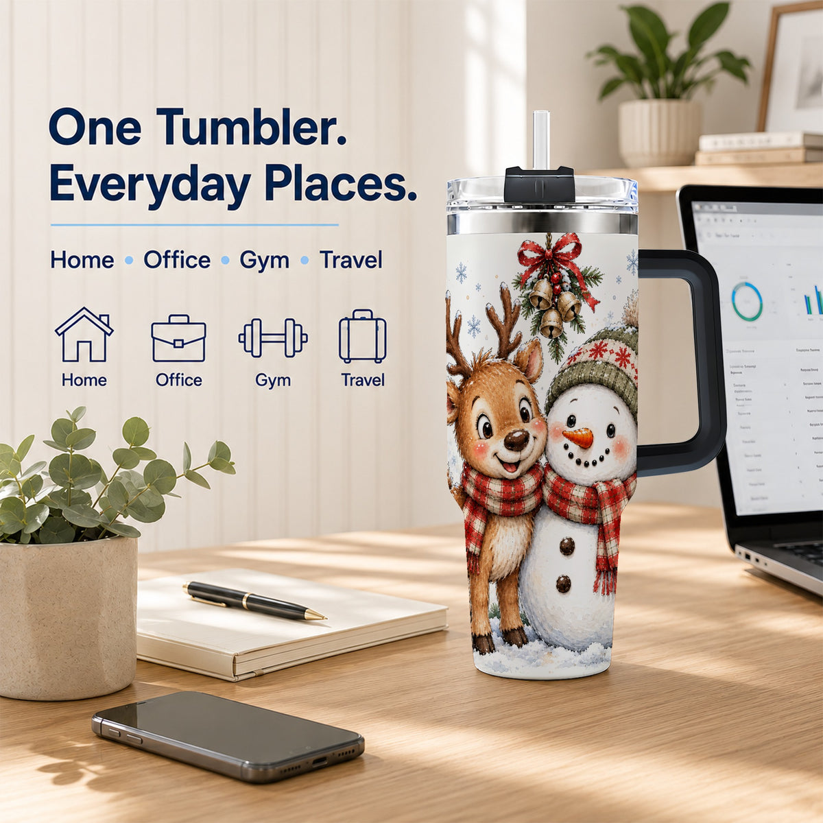 #pl[40oz|Black] Reindeer Snowman 40oz Tumbler with Handle, Plaid Winter Travel Cup