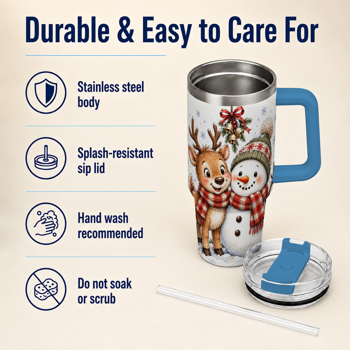 #pl[40oz|Blue] Reindeer Snowman 40oz Tumbler with Handle, Plaid Winter Travel Cup
