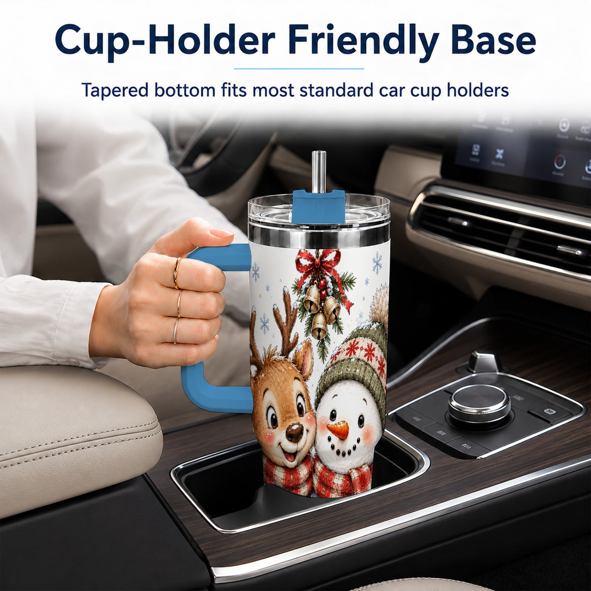 #pl[40oz|Blue] Reindeer Snowman 40oz Tumbler with Handle, Plaid Winter Travel Cup