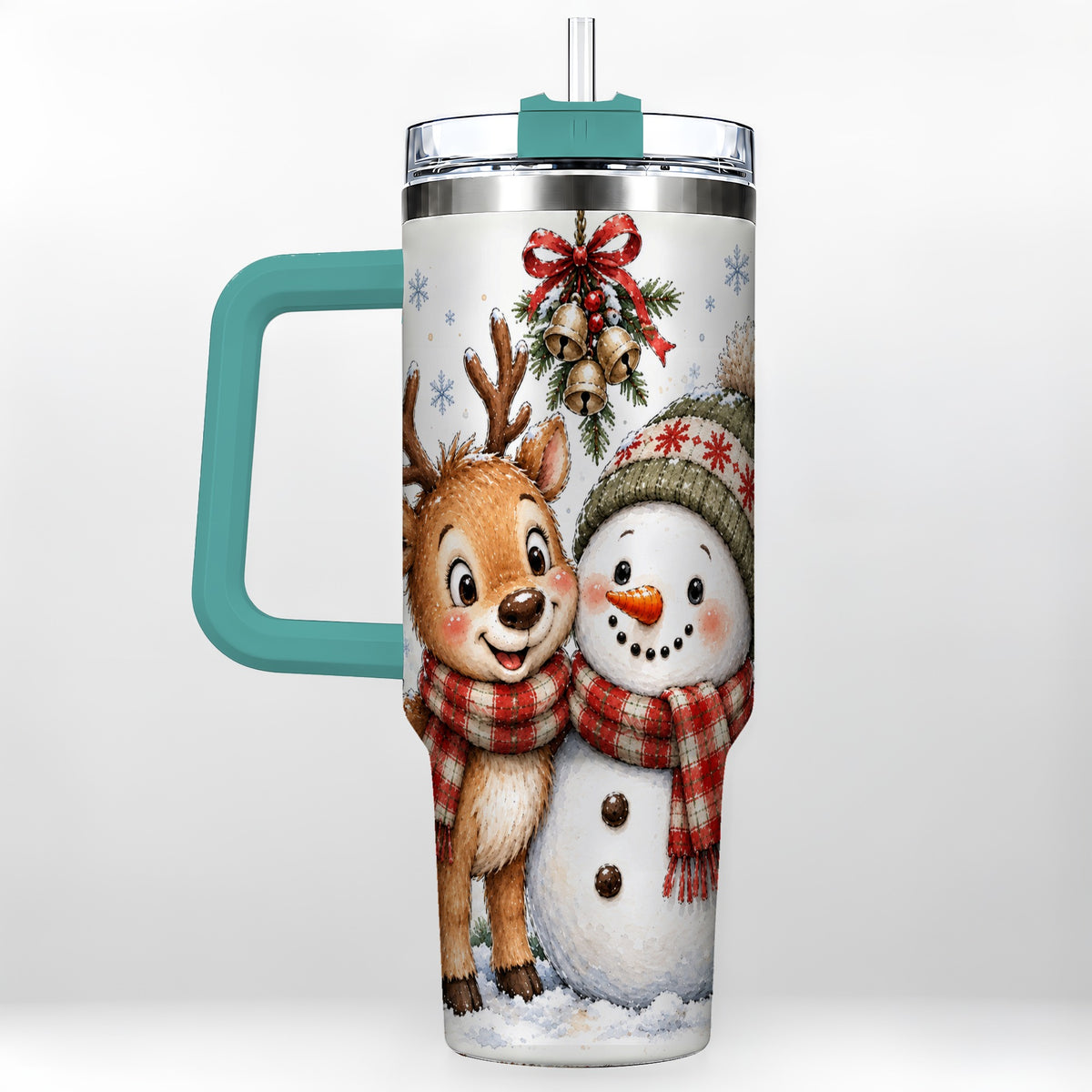 #pl[40oz|Green] Reindeer Snowman 40oz Tumbler with Handle, Plaid Winter Travel Cup