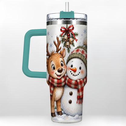#pl[40oz|Green] Reindeer Snowman 40oz Tumbler with Handle, Plaid Winter Travel Cup