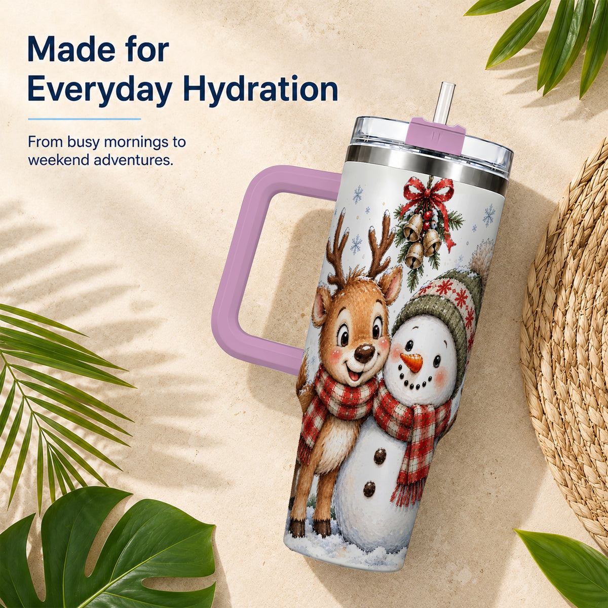 #pl[40oz|Pink] Reindeer Snowman 40oz Tumbler with Handle, Plaid Winter Travel Cup