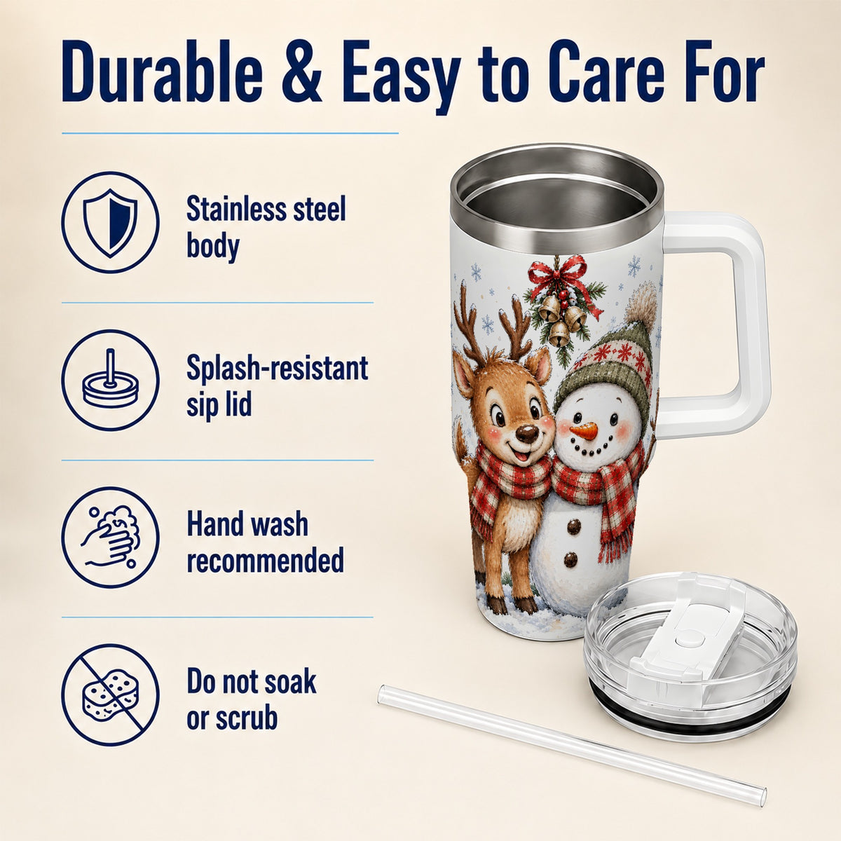 #pl[40oz|White] Reindeer Snowman 40oz Tumbler with Handle, Plaid Winter Travel Cup