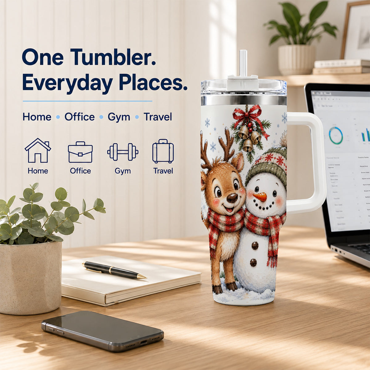 #pl[40oz|White] Reindeer Snowman 40oz Tumbler with Handle, Plaid Winter Travel Cup
