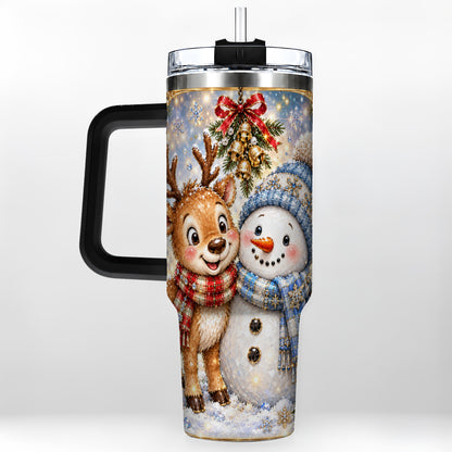 #pl[40oz|Black] Reindeer Snowman 40oz Tumbler with Handle, Winter Stainless Steel Cup