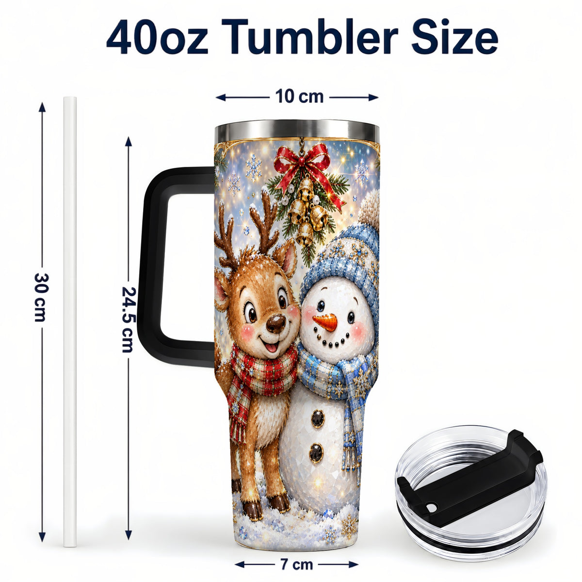 #pl[40oz|Black] Reindeer Snowman 40oz Tumbler with Handle, Winter Stainless Steel Cup