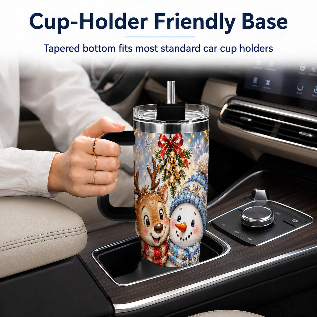 #pl[40oz|Black] Reindeer Snowman 40oz Tumbler with Handle, Winter Stainless Steel Cup