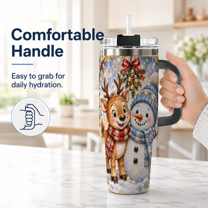 #pl[40oz|Black] Reindeer Snowman 40oz Tumbler with Handle, Winter Stainless Steel Cup