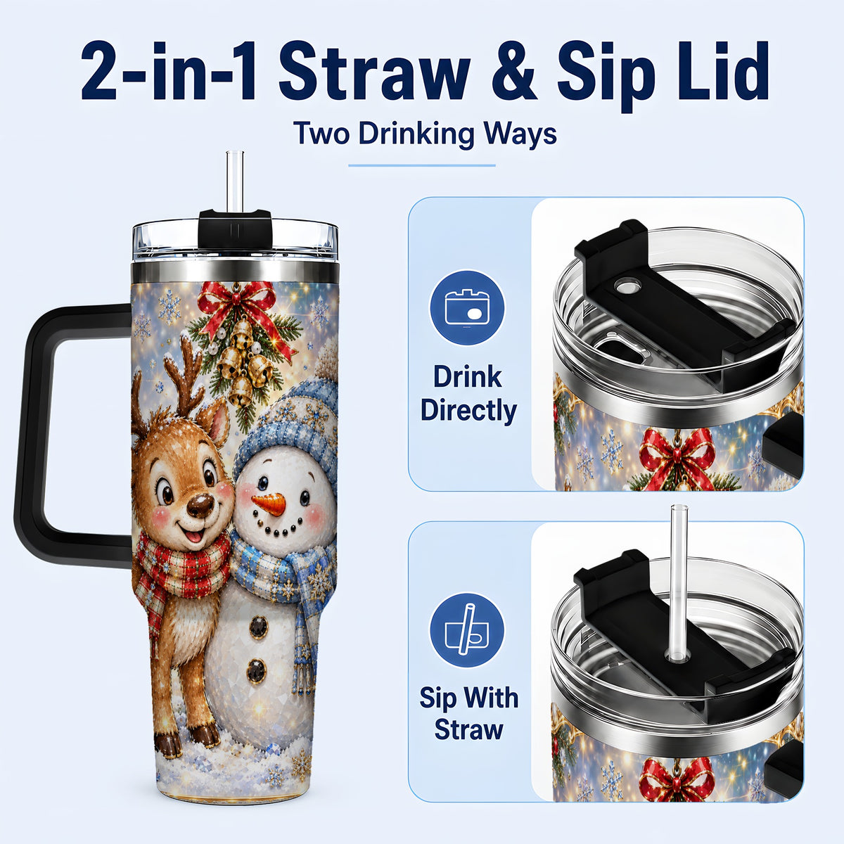 #pl[40oz|Black] Reindeer Snowman 40oz Tumbler with Handle, Winter Stainless Steel Cup