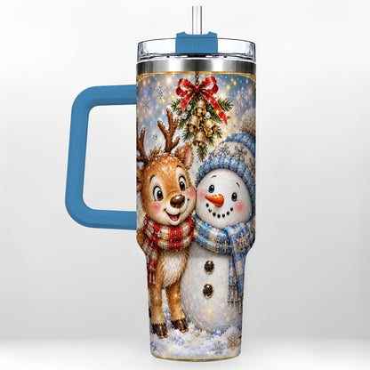 #pl[40oz|Blue] Reindeer Snowman 40oz Tumbler with Handle, Winter Stainless Steel Cup