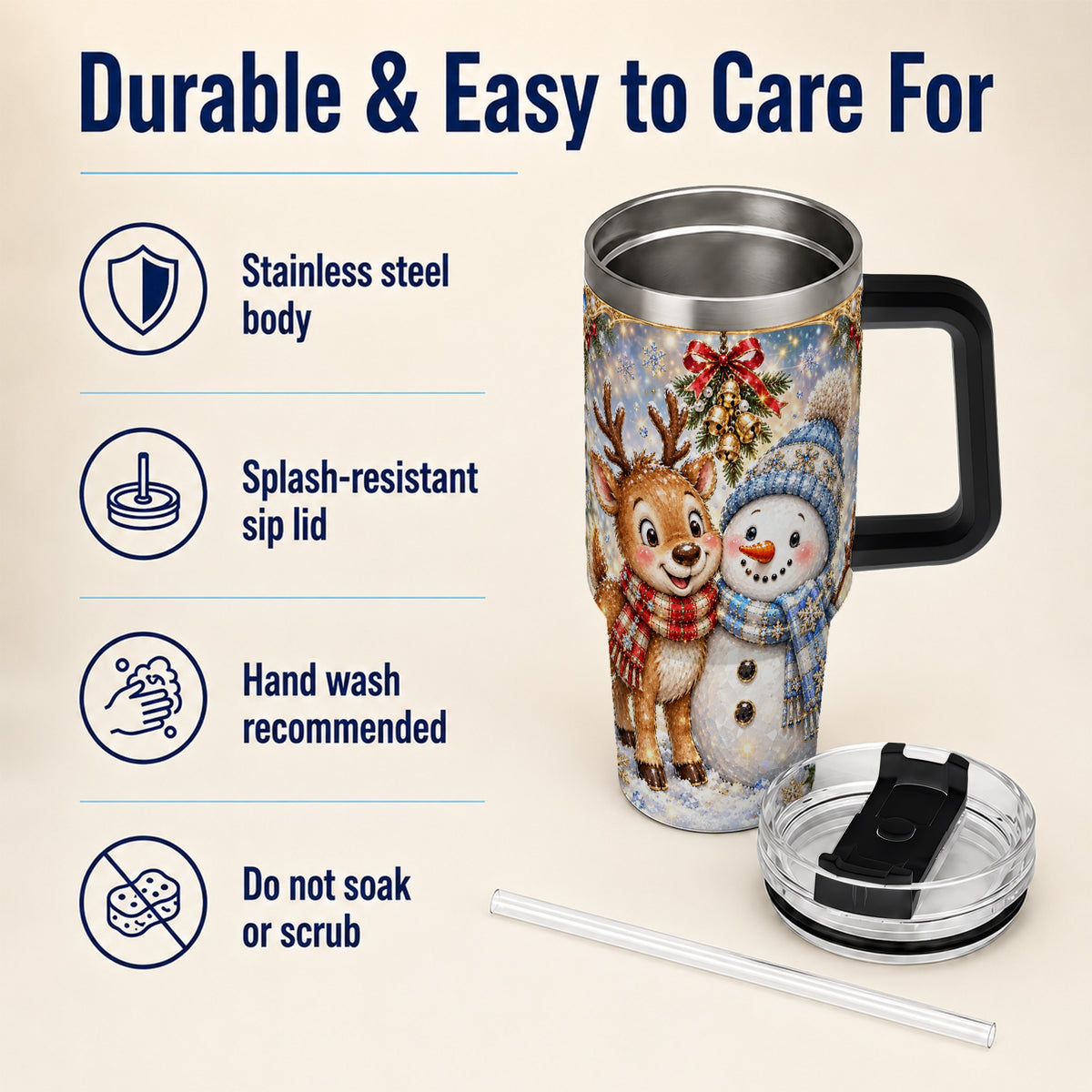 #pl[40oz|Black] Reindeer Snowman 40oz Tumbler with Handle, Winter Stainless Steel Cup