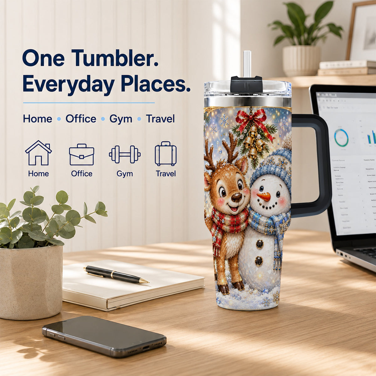 #pl[40oz|Black] Reindeer Snowman 40oz Tumbler with Handle, Winter Stainless Steel Cup