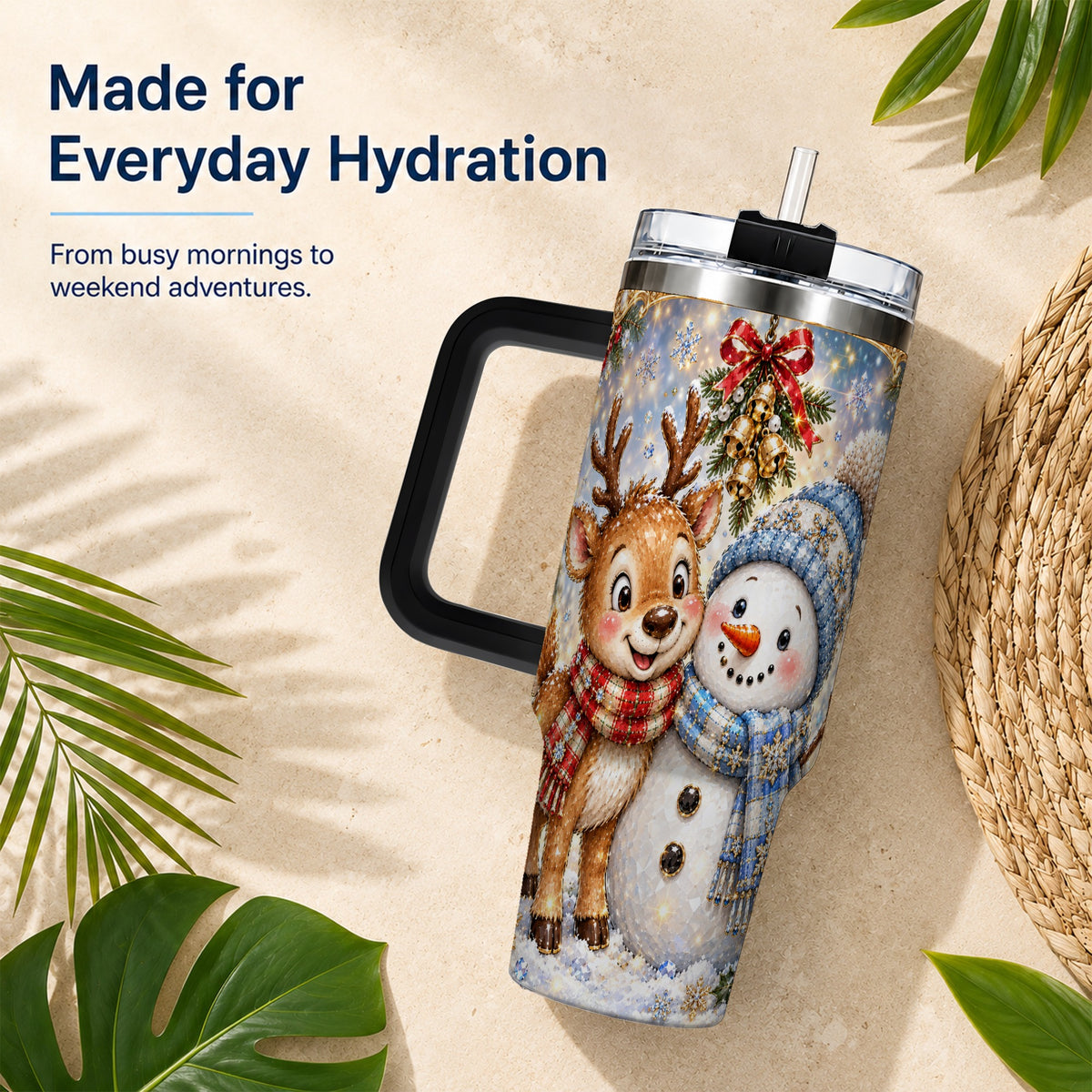 #pl[40oz|Black] Reindeer Snowman 40oz Tumbler with Handle, Winter Stainless Steel Cup