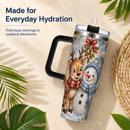 #pl[40oz|Black] Reindeer Snowman 40oz Tumbler with Handle, Winter Stainless Steel Cup
