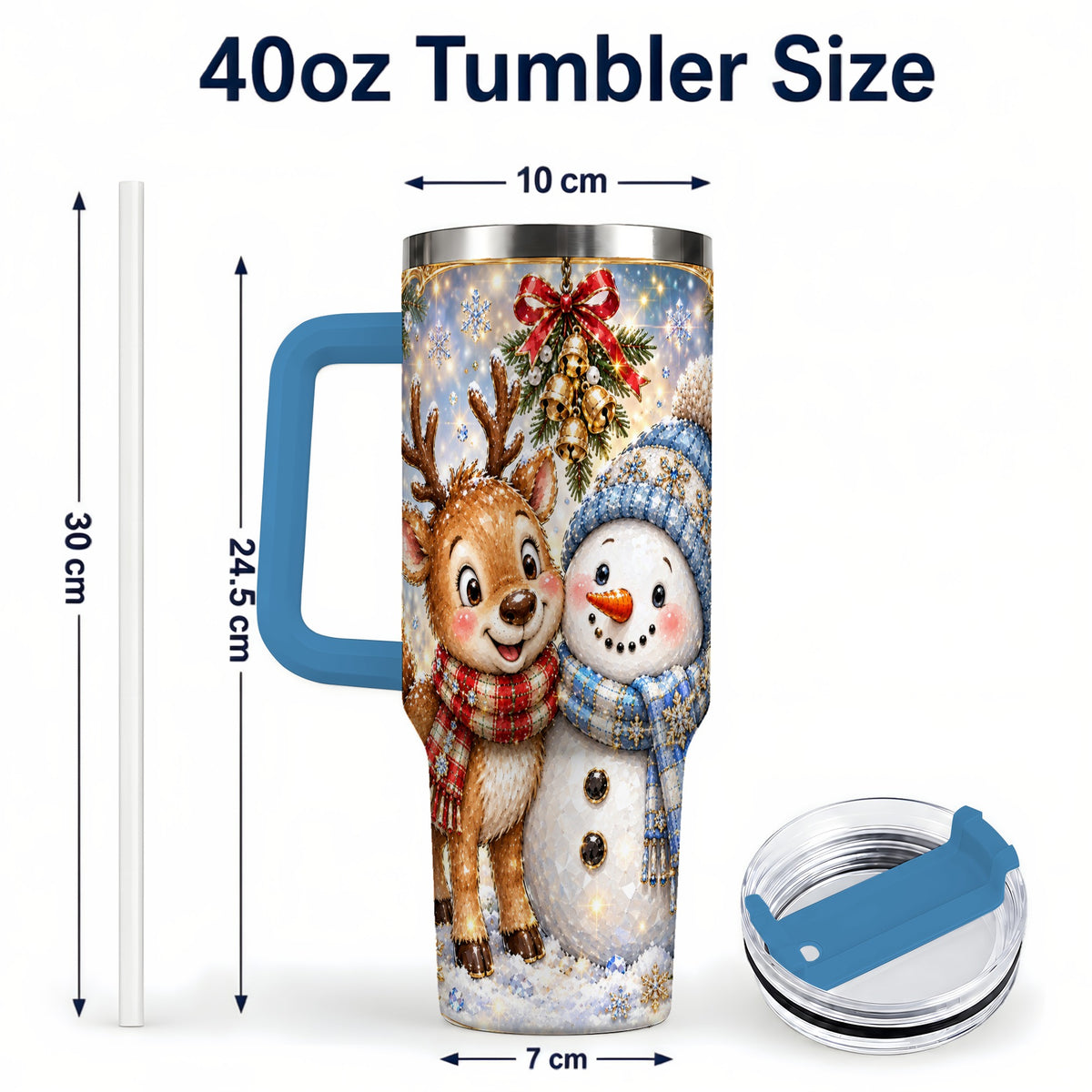 #pl[40oz|Blue] Reindeer Snowman 40oz Tumbler with Handle, Winter Stainless Steel Cup