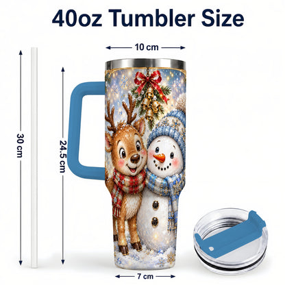 #pl[40oz|Blue] Reindeer Snowman 40oz Tumbler with Handle, Winter Stainless Steel Cup