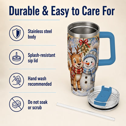 #pl[40oz|Blue] Reindeer Snowman 40oz Tumbler with Handle, Winter Stainless Steel Cup