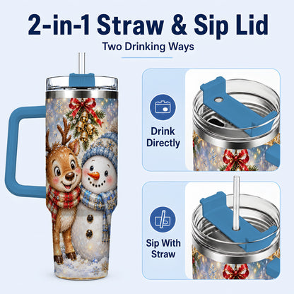 #pl[40oz|Blue] Reindeer Snowman 40oz Tumbler with Handle, Winter Stainless Steel Cup