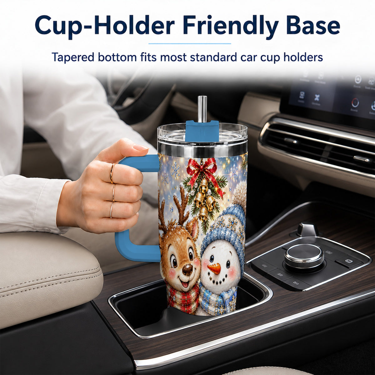 #pl[40oz|Blue] Reindeer Snowman 40oz Tumbler with Handle, Winter Stainless Steel Cup