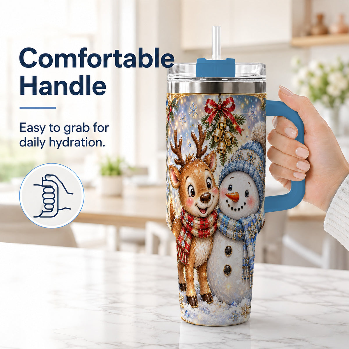 #pl[40oz|Blue] Reindeer Snowman 40oz Tumbler with Handle, Winter Stainless Steel Cup