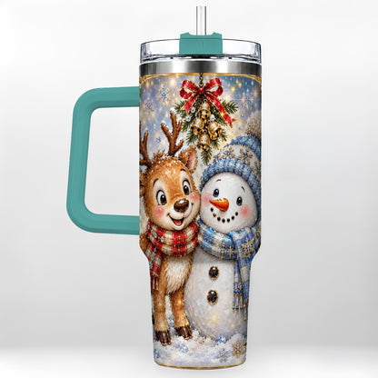 #pl[40oz|Green] Reindeer Snowman 40oz Tumbler with Handle, Winter Stainless Steel Cup