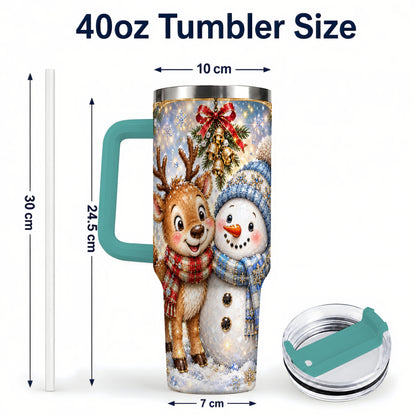 #pl[40oz|Green] Reindeer Snowman 40oz Tumbler with Handle, Winter Stainless Steel Cup